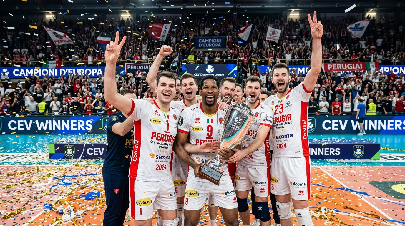 Squadra di pallavolo maschile che celebra la seconda Champions League consecutiva