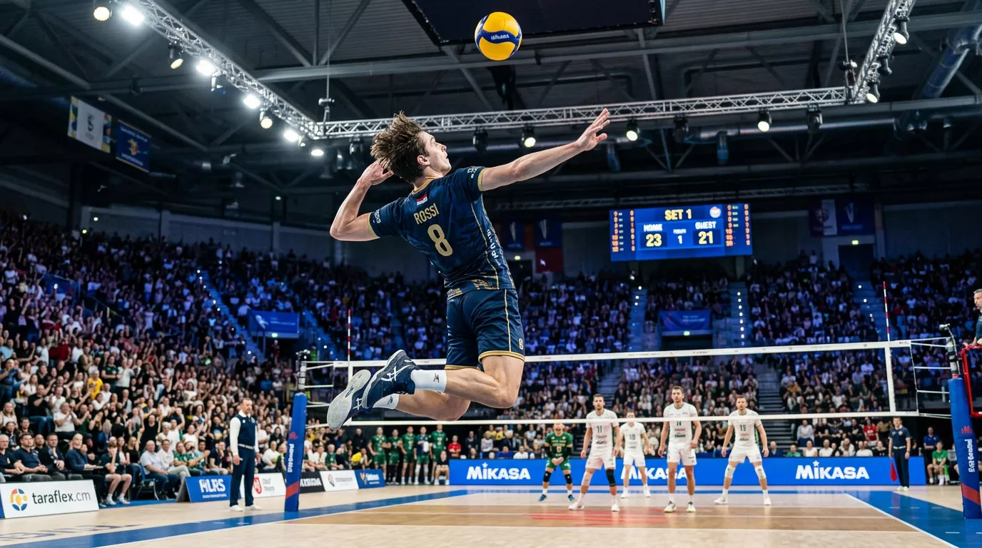 Pallavolista in fase di battuta potente durante una partita di SuperLega