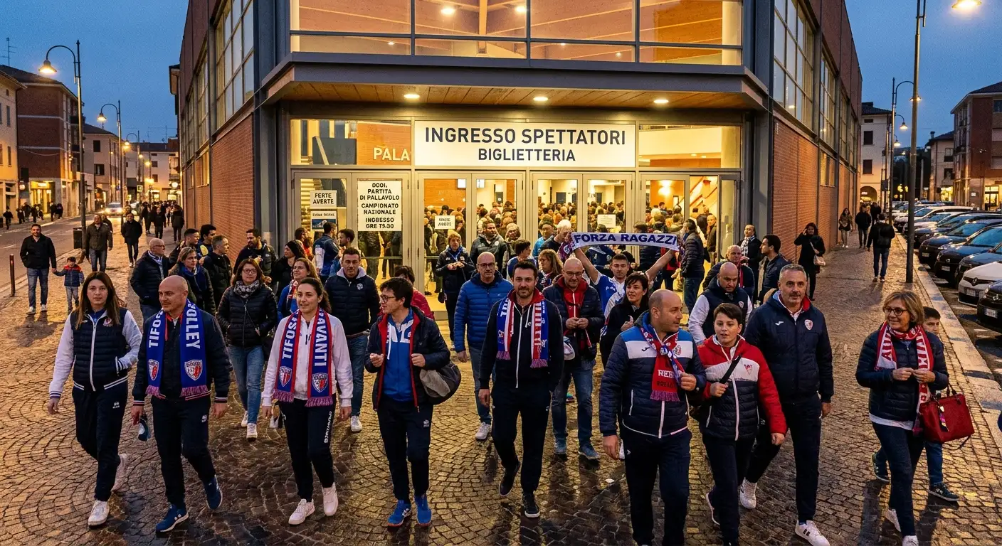 Tifosi all'ingresso del palazzetto per assistere a una partita di pallavolo Serie A