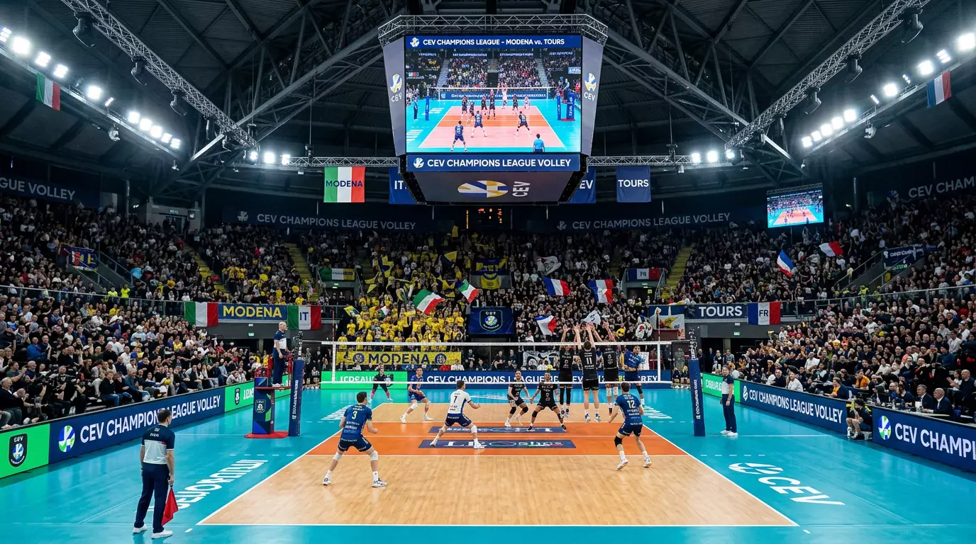Partita di Champions League di pallavolo in una grande arena internazionale con bandiere europee