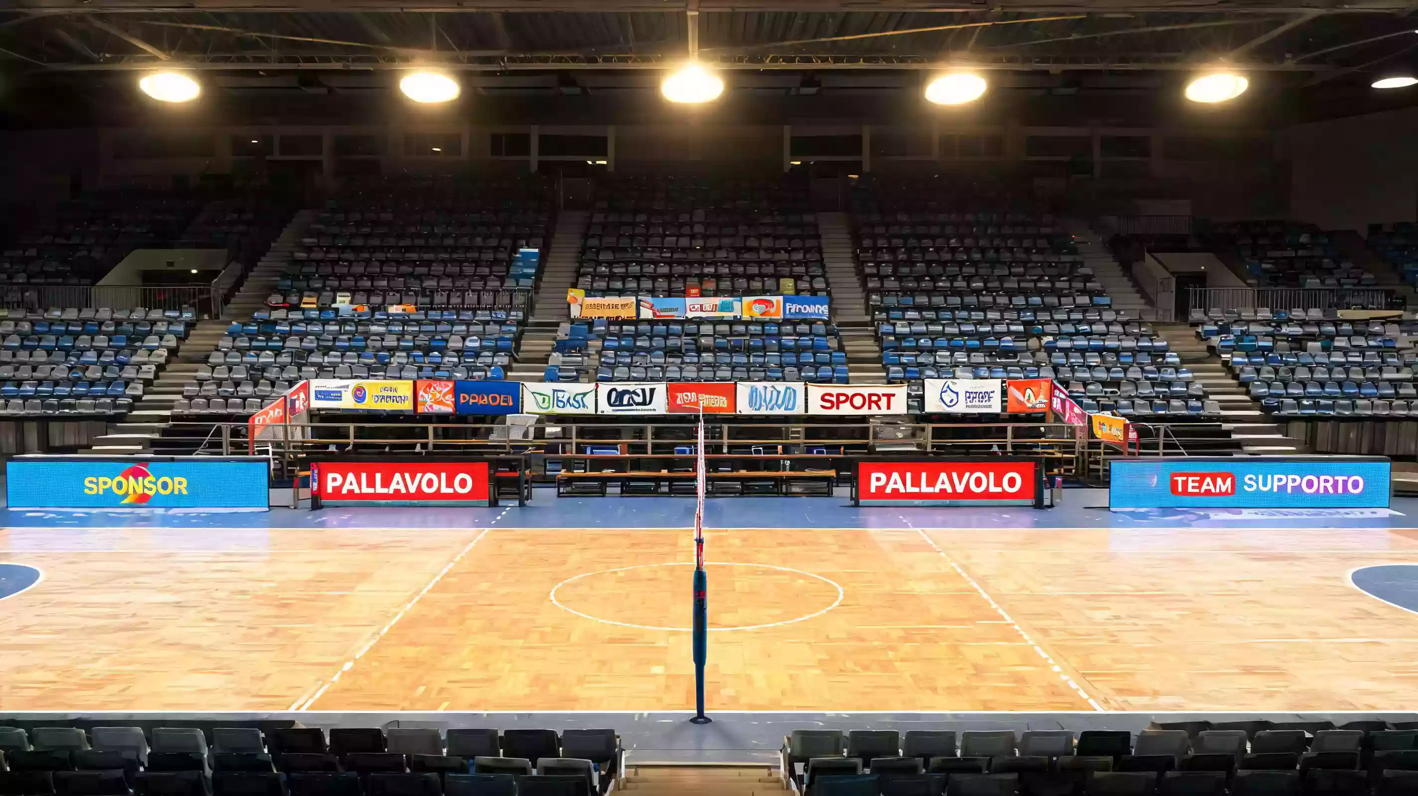Palazzetto con banner degli sponsor locali visibili a bordocampo durante la partita
