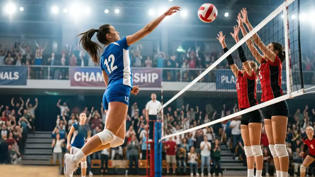 Attacco decisivo dell'MVP durante la finale scudetto femminile di pallavolo