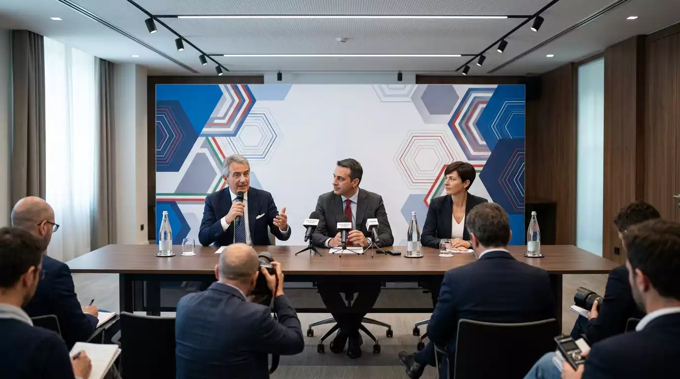 Conferenza stampa della Lega Pallavolo Serie A con pannello degli sponsor
