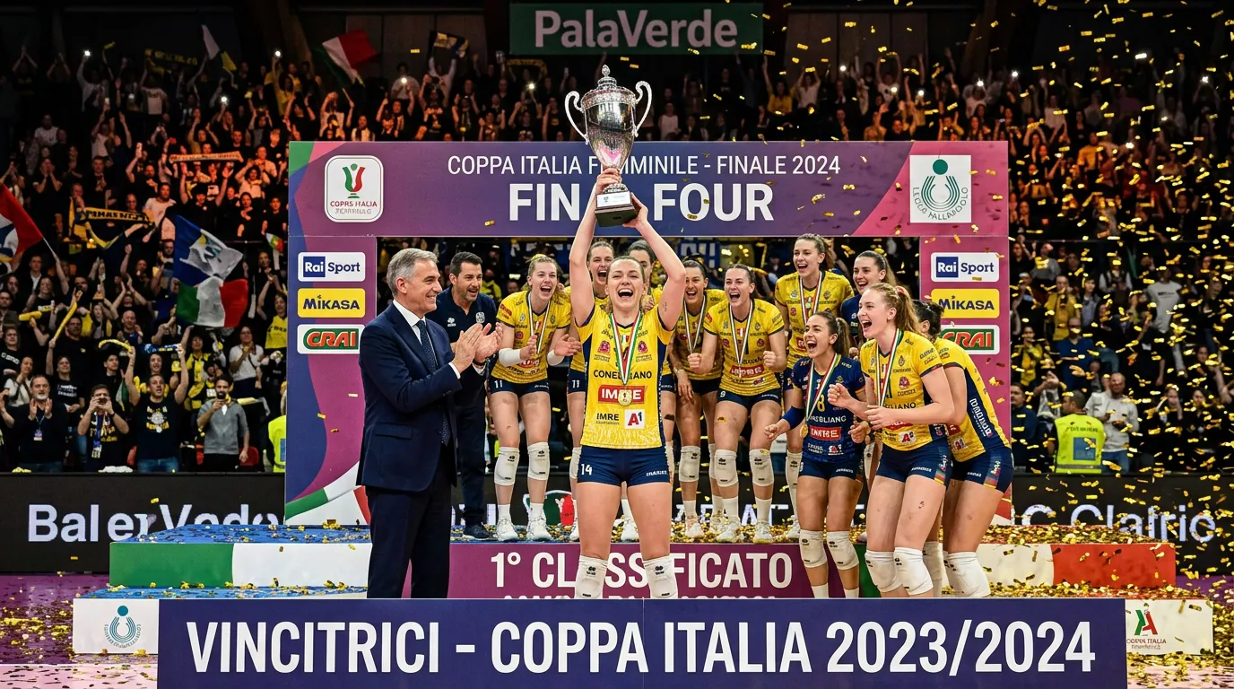 Premiazione della Coppa Italia femminile di pallavolo con il trofeo alzato dalla squadra vincitrice