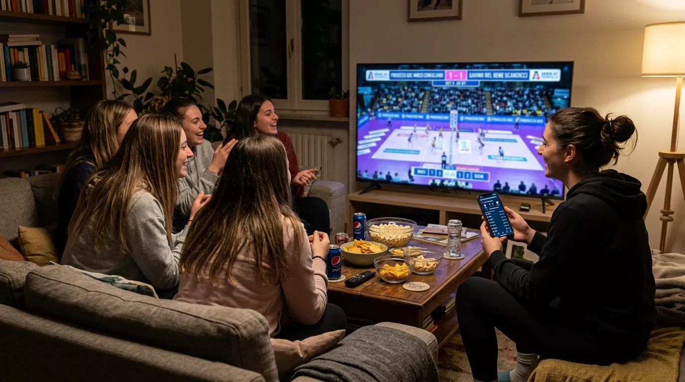 Tifose di pallavolo che seguono una partita su dispositivi digitali con streaming
