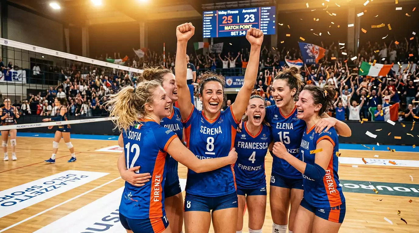 Esultanza di una squadra di pallavolo femminile dopo la conquista dello scudetto