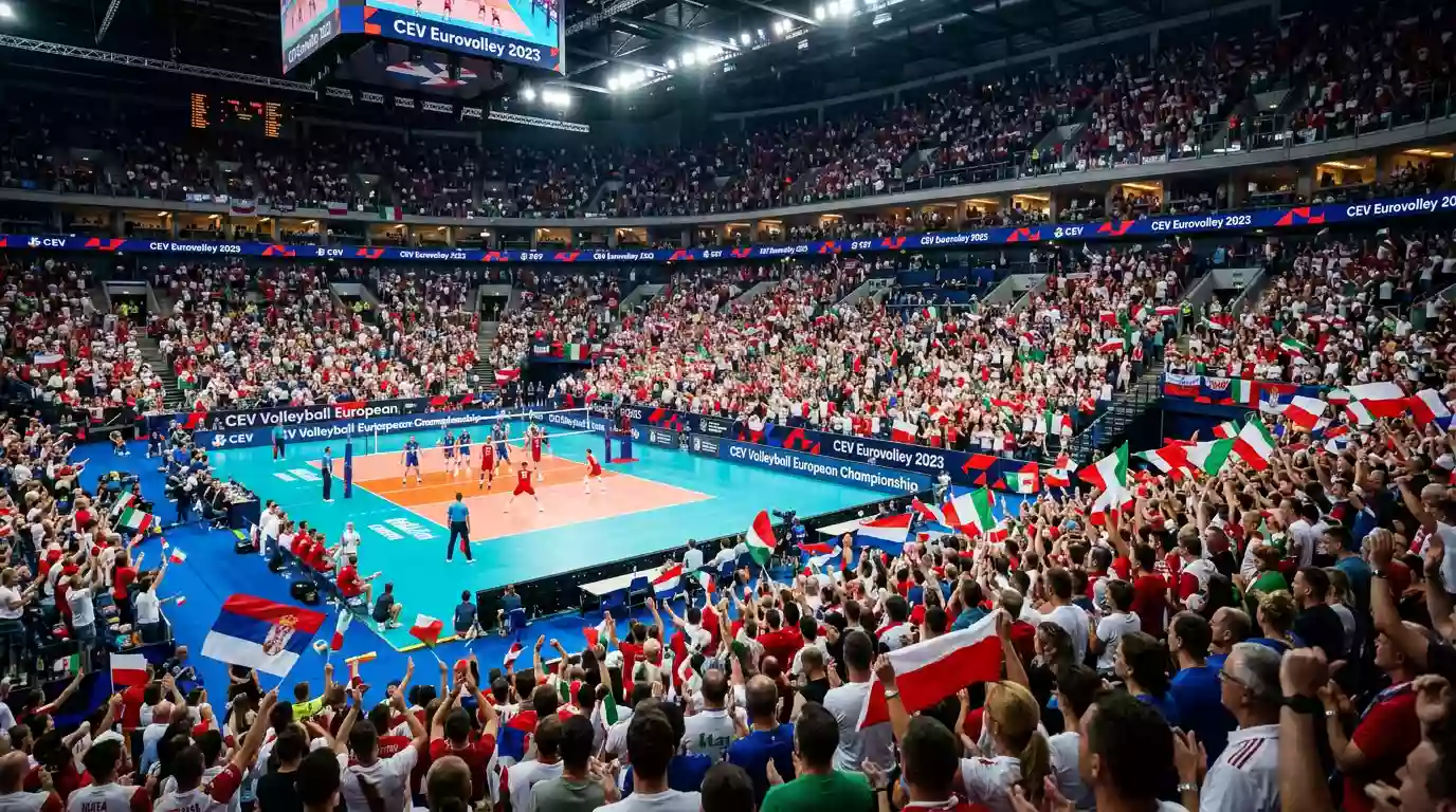 Pubblico numeroso durante una partita dei Campionati Europei di pallavolo