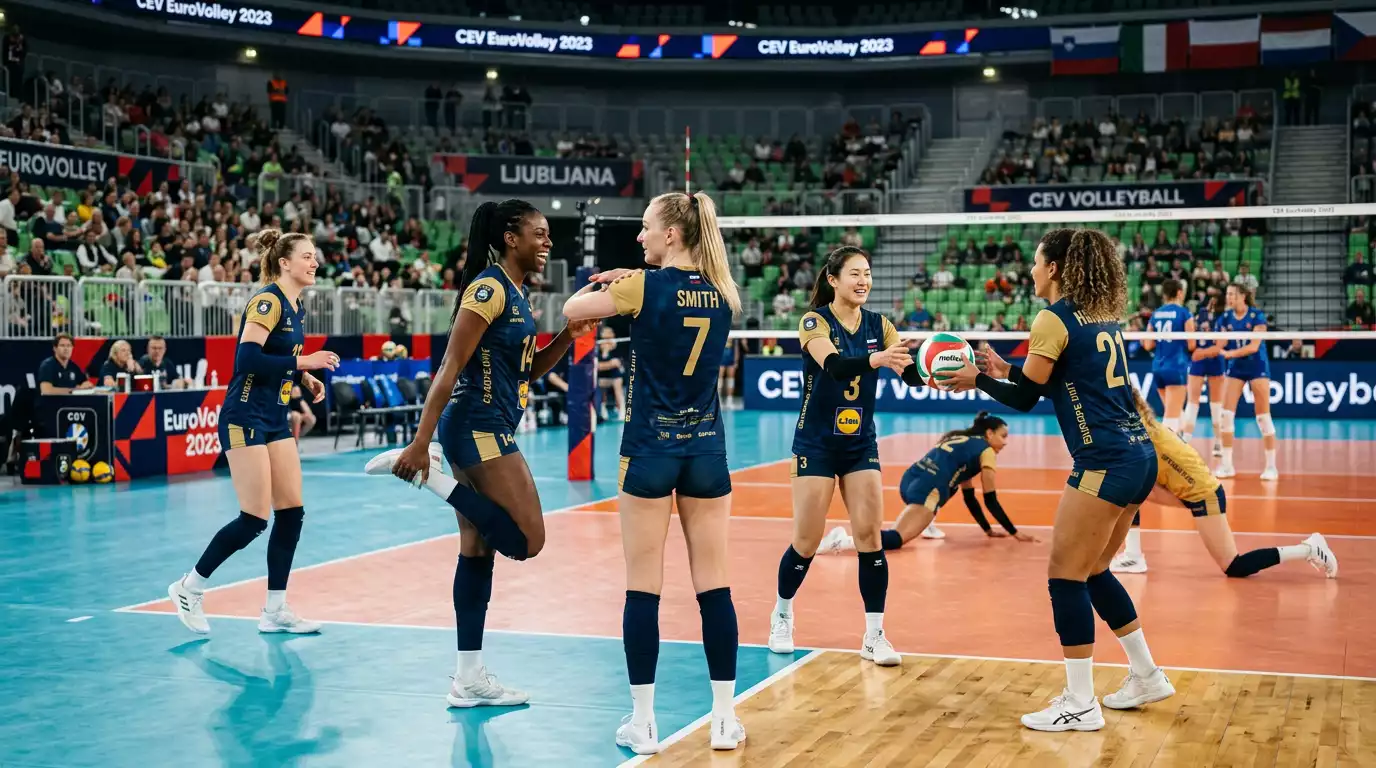 Giocatrici di pallavolo di diverse nazionalità europee in campo