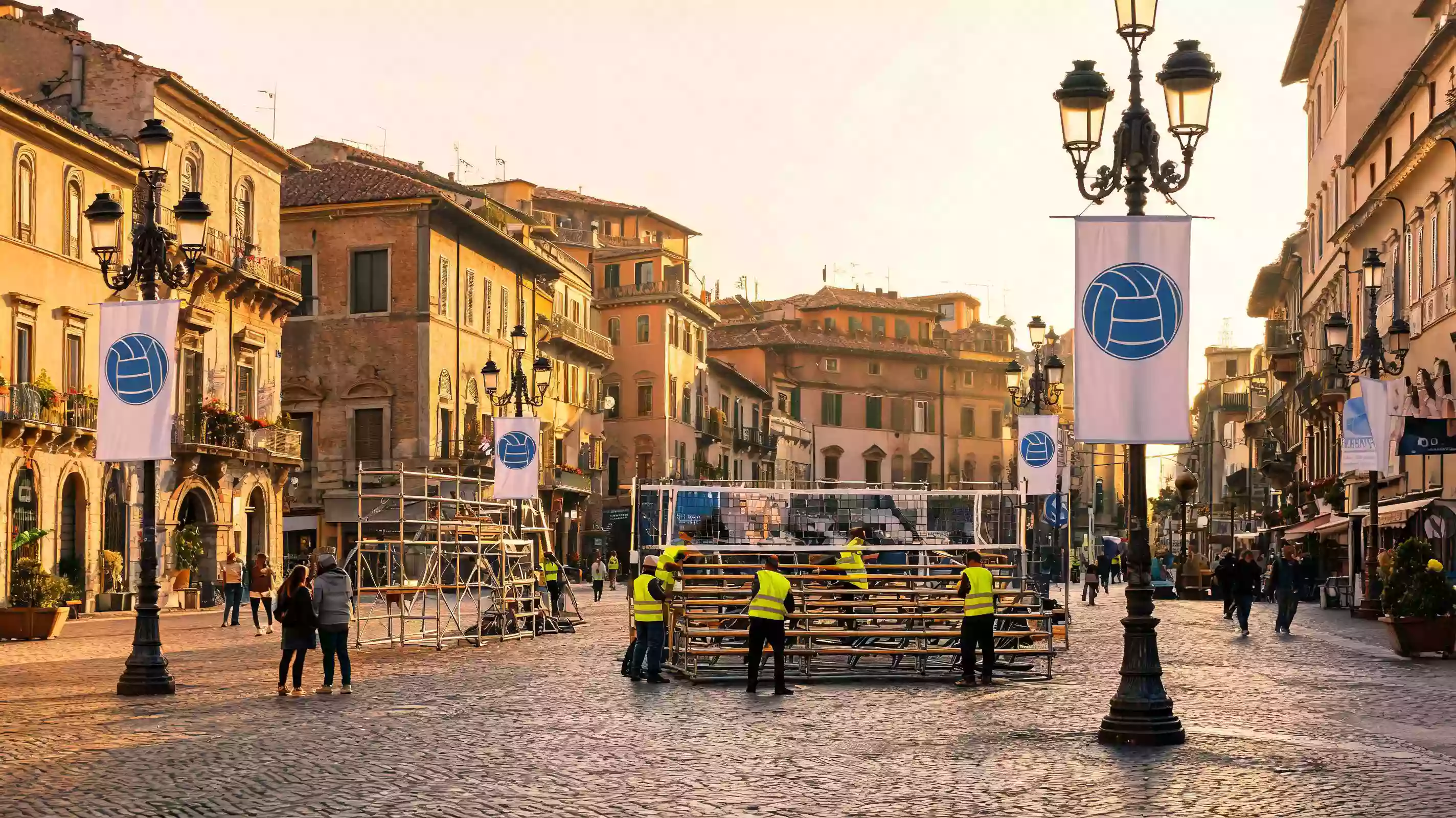 Preparativi in una città italiana per ospitare un grande evento di pallavolo