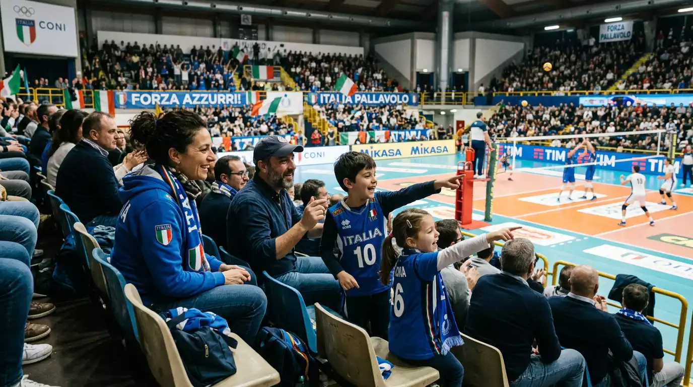 Famiglia con bambini sugli spalti durante una partita di pallavolo