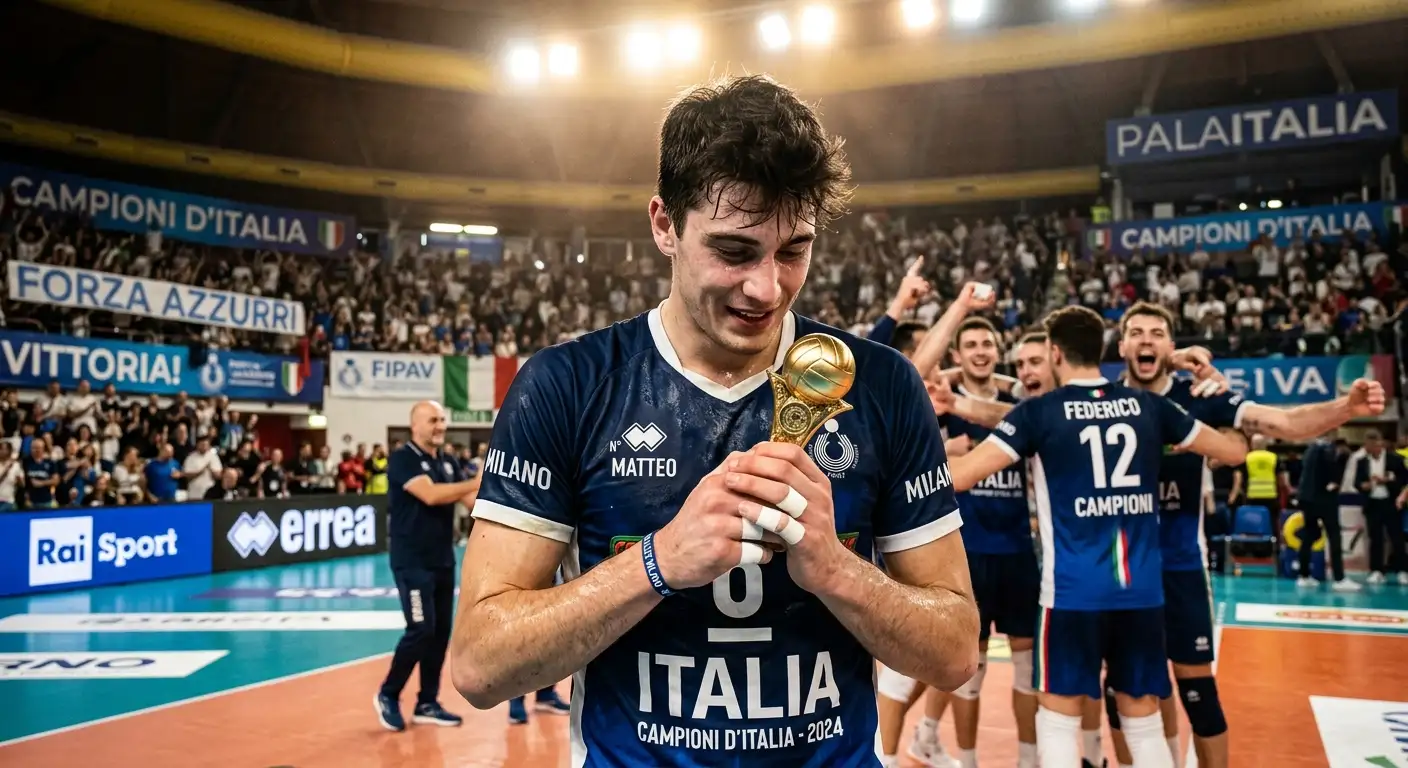 Giovane pallavolista che solleva il primo trofeo della carriera durante una premiazione