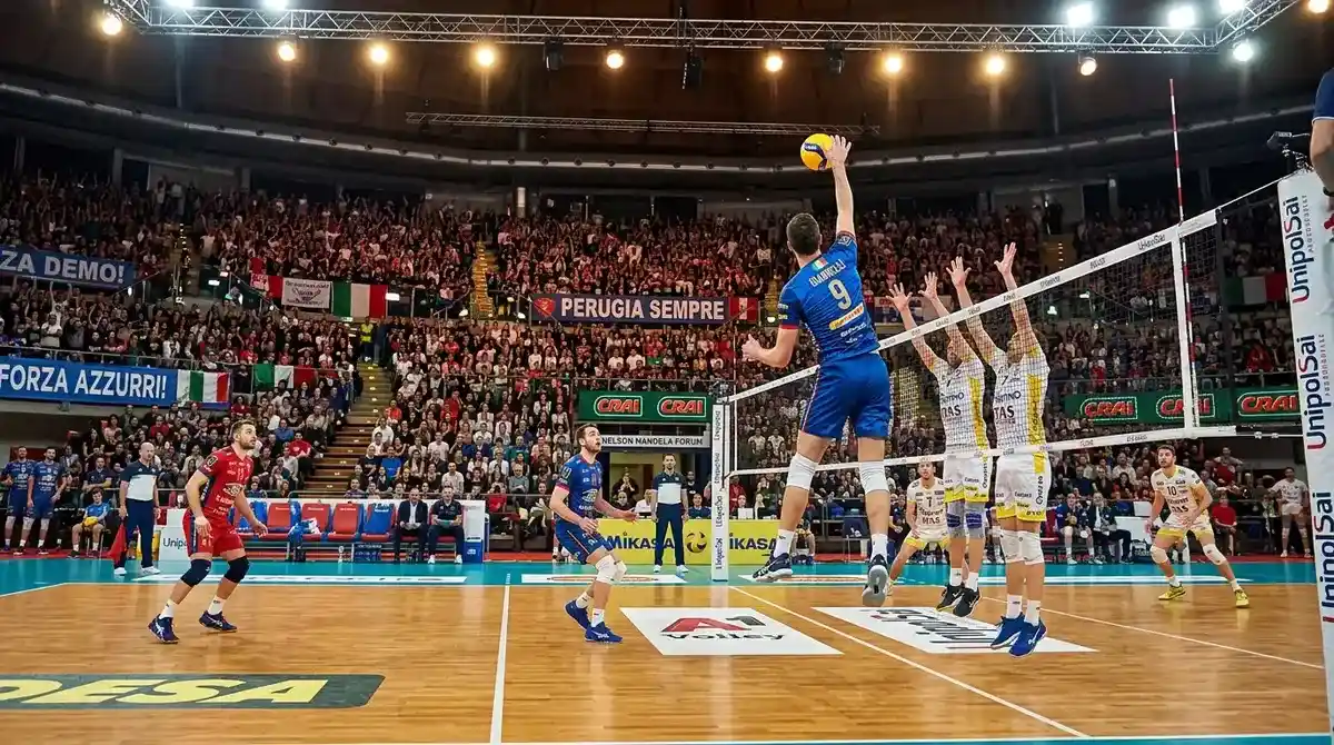 Panoramica del campionato italiano di pallavolo Serie A con azione di gioco in un palazzetto gremito