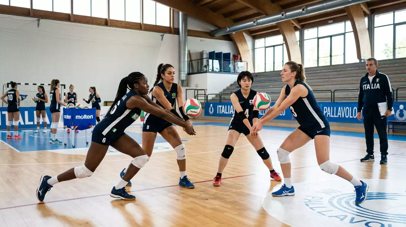 Giocatori internazionali di pallavolo durante un allenamento di squadra