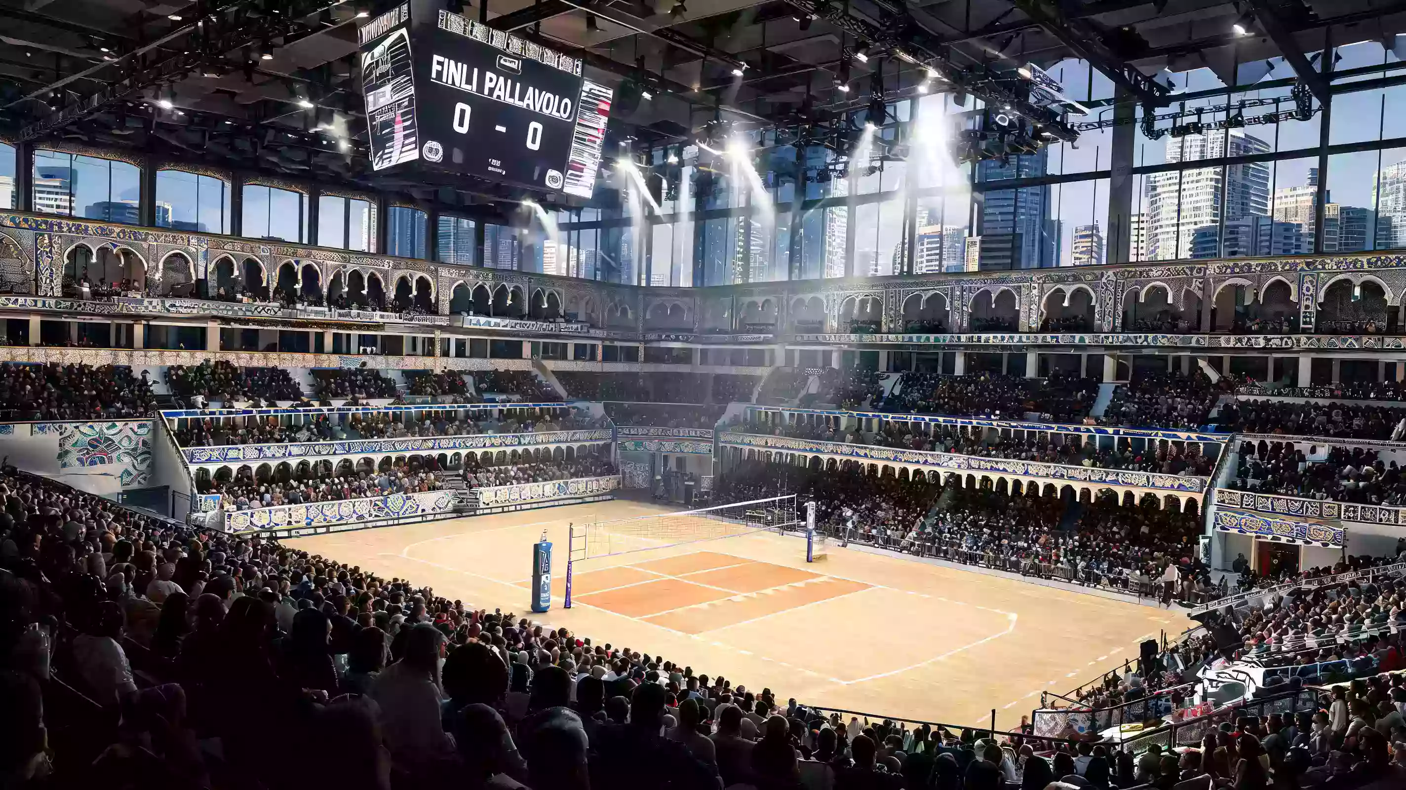 Grande arena sportiva preparata per le finali di un campionato europeo di pallavolo