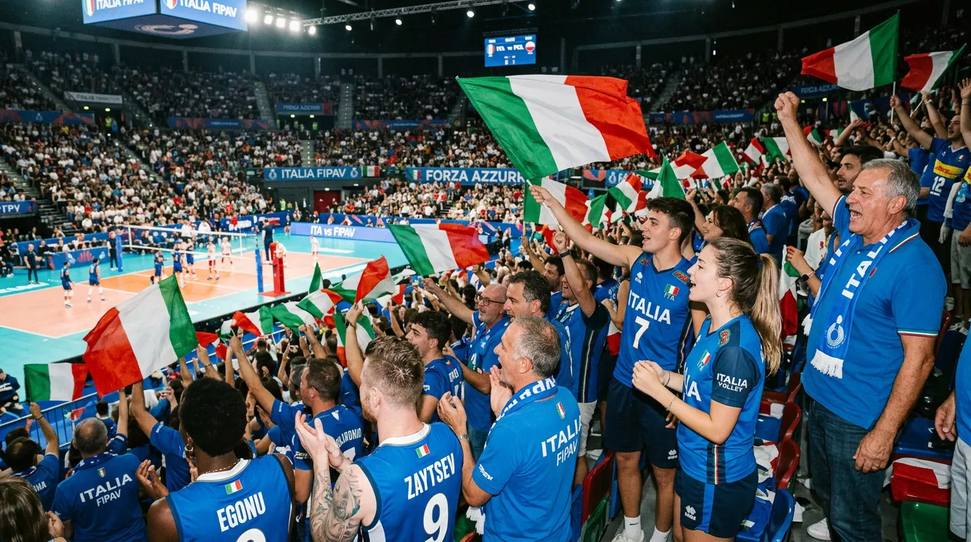Tifosi italiani con bandiere tricolore durante una partita di pallavolo
