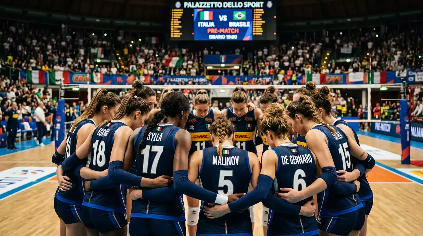 Squadra nazionale femminile di pallavolo italiana in cerchio prima della partita