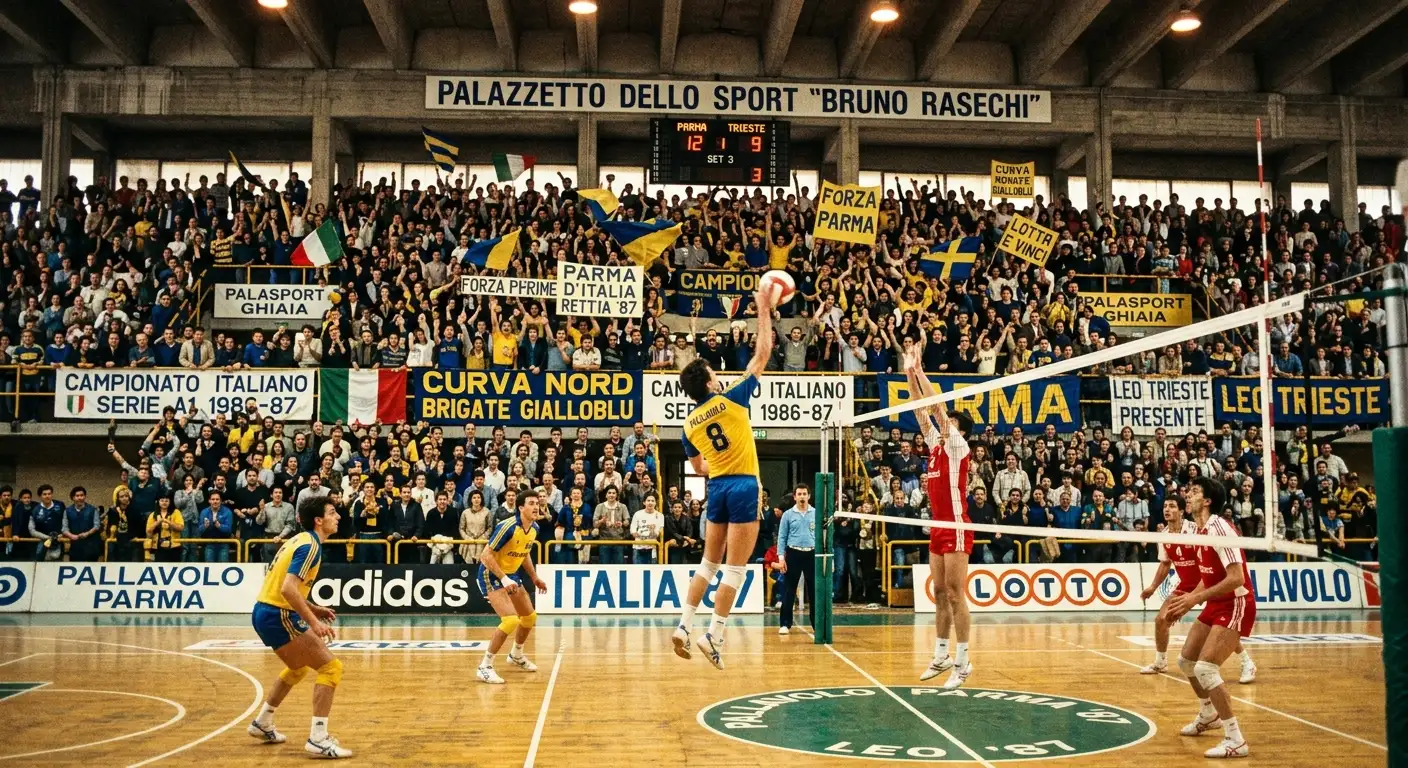 Palazzetto storico di Modena durante una partita di campionato di pallavolo
