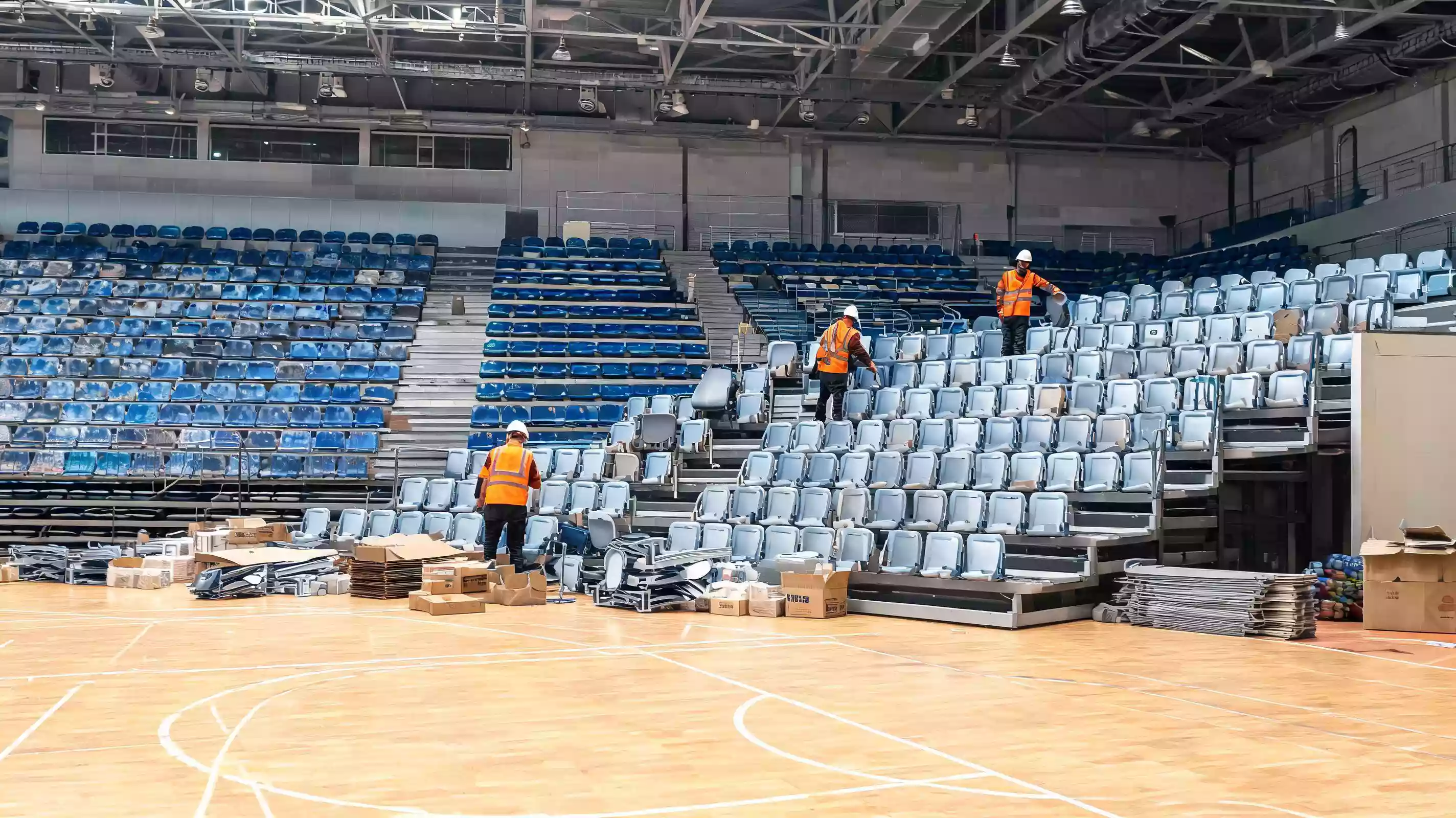 Arena moderna di pallavolo con tribune capienti e strutture di ultima generazione