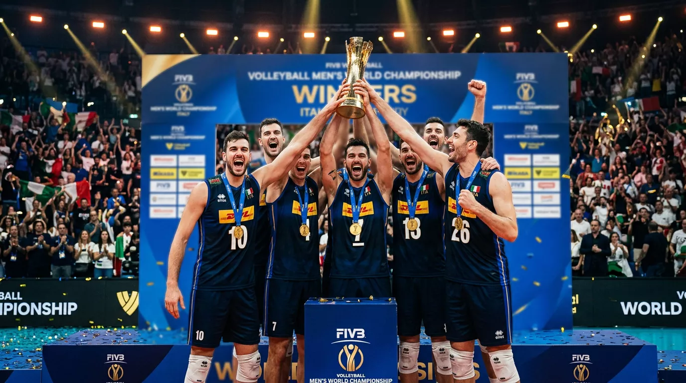 Squadra di pallavolo maschile che alza il trofeo del Mondiale per Club