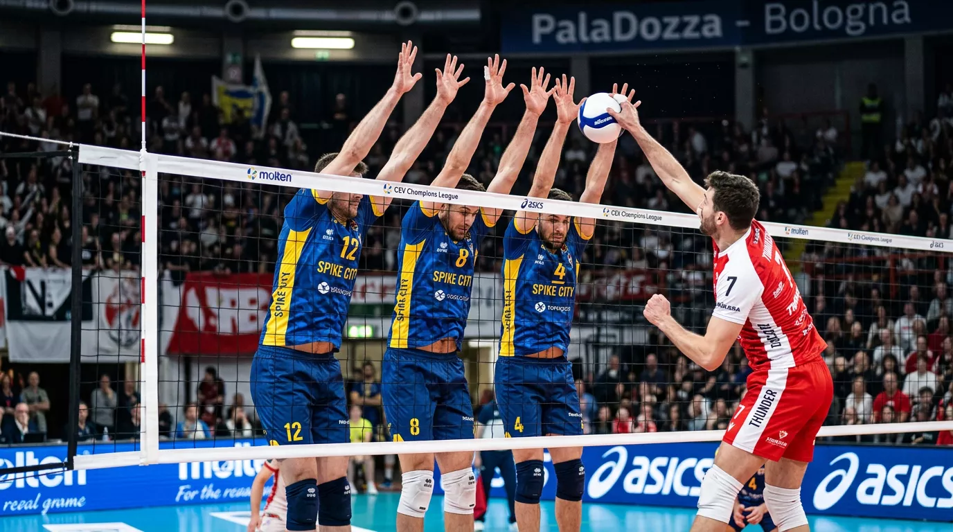 Muro a tre giocatori durante una partita di SuperLega maschile di pallavolo