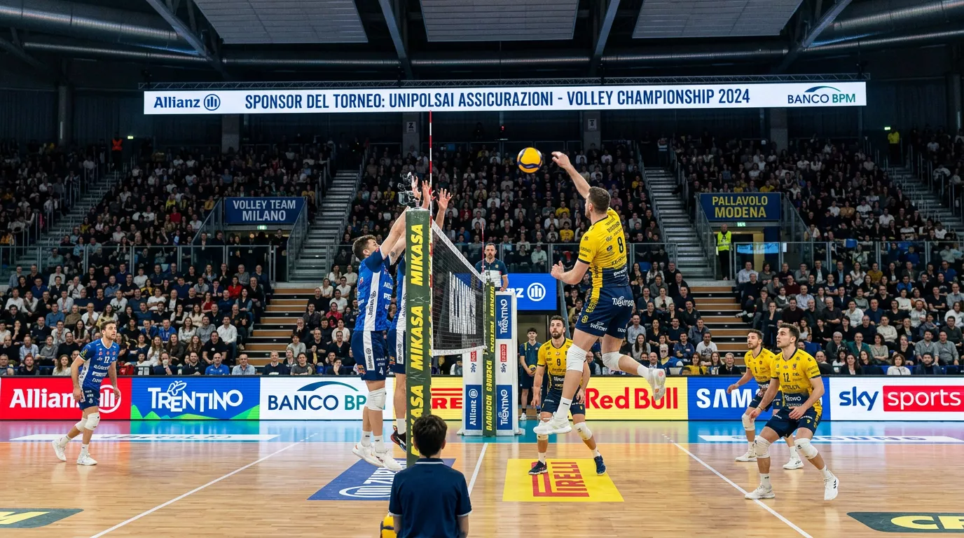 Banner di sponsor durante un evento di pallavolo italiana con naming rights