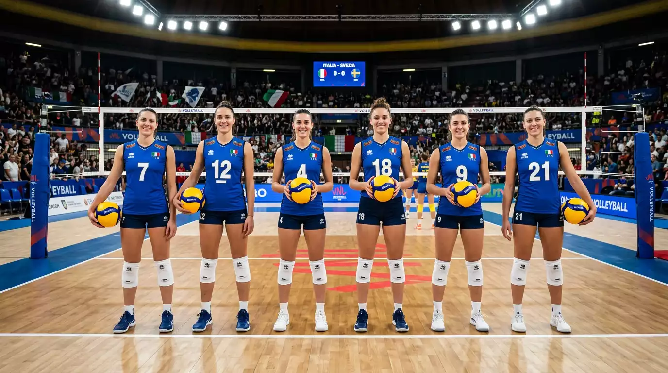 Giocatrici della nazionale italiana di pallavolo schierate sul campo in maglia azzurra