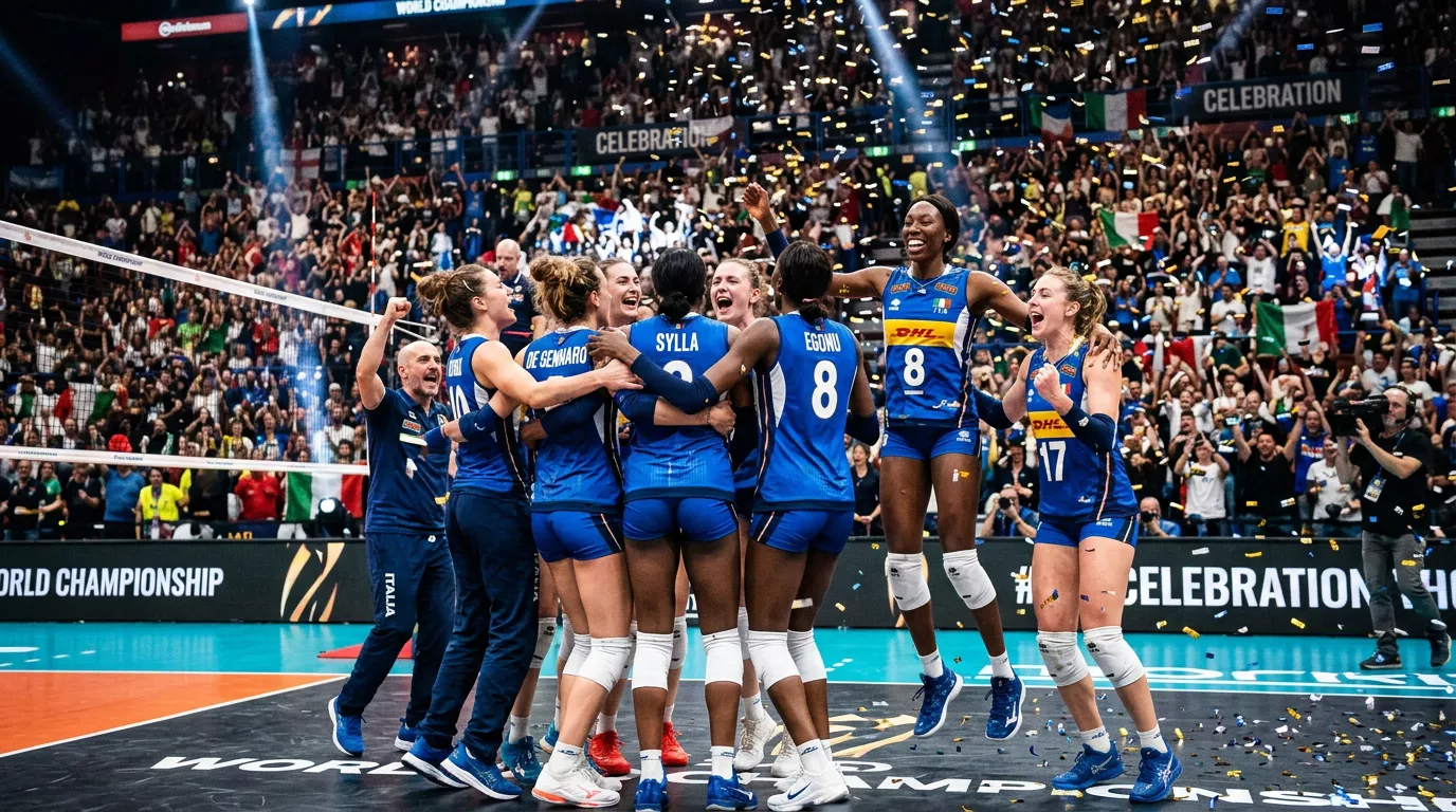 Squadra di pallavolo che celebra una vittoria in una competizione internazionale