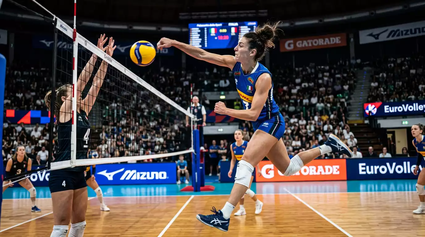 Schiacciata potente di un'opposta durante i playoff di Serie A1 femminile