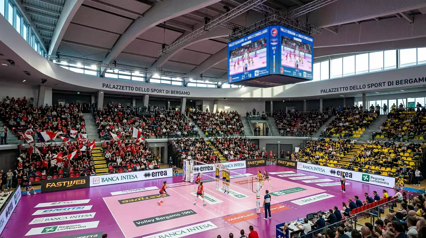 Interno del Palaverde di Treviso durante una partita di pallavolo femminile