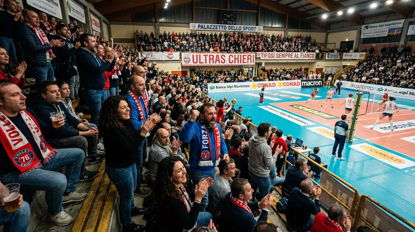 Atmosfera dal vivo nel palazzetto durante una partita di pallavolo Serie A