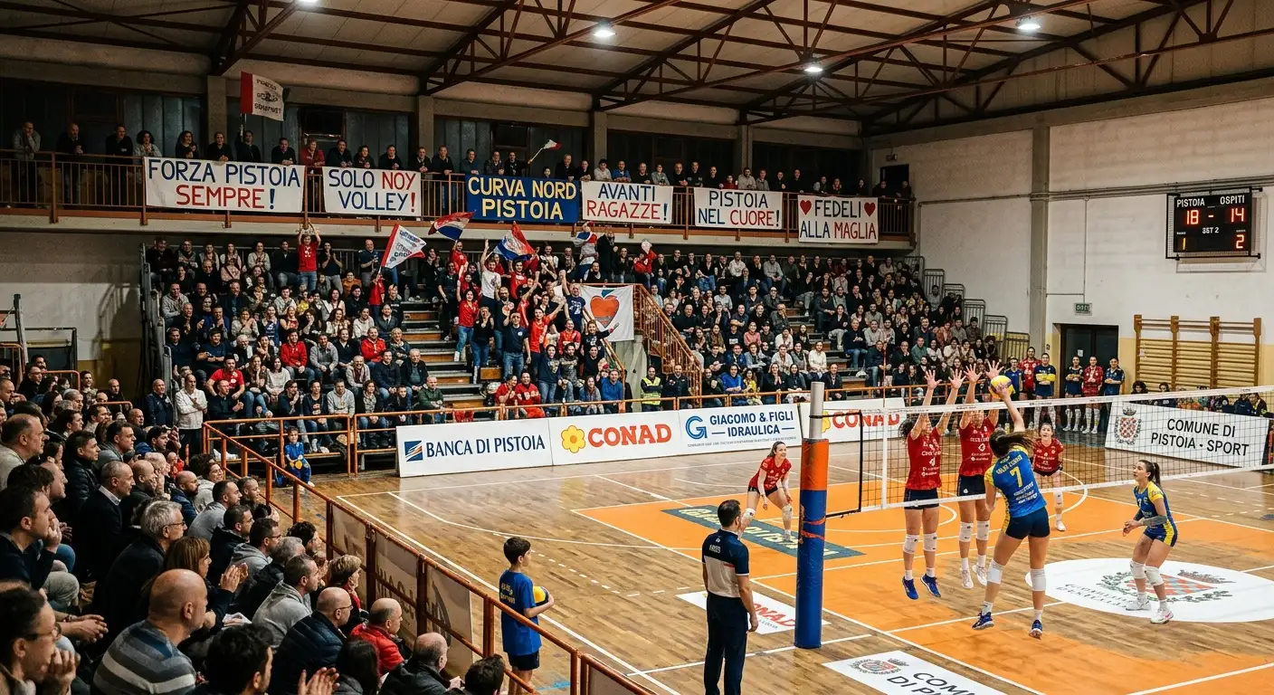 Palazzetto di provincia con pubblico durante una partita di Serie A2 di pallavolo