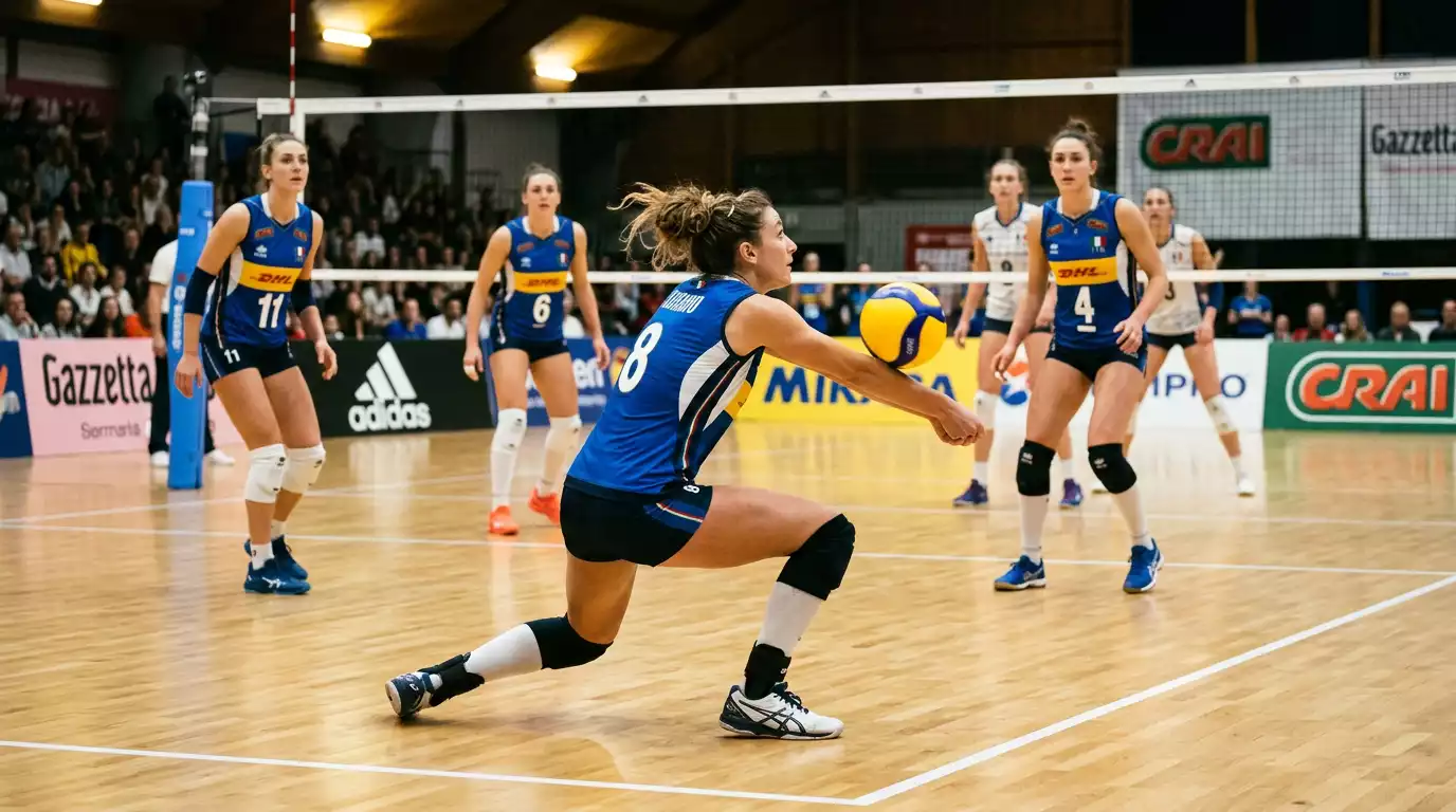 Fase di ricezione durante una partita di pallavolo femminile Serie A1 in un palazzetto italiano