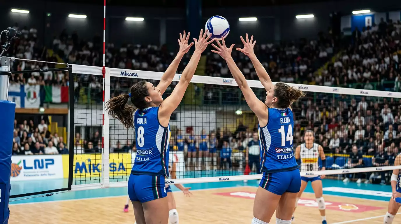 Muro a due giocatrici durante un match di Serie A1 pallavolo femminile