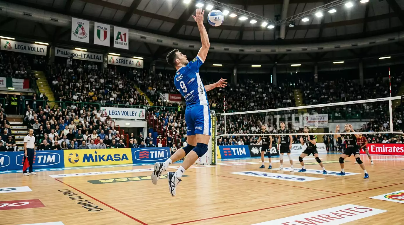 Giocatore al servizio durante una partita di SuperLega pallavolo maschile