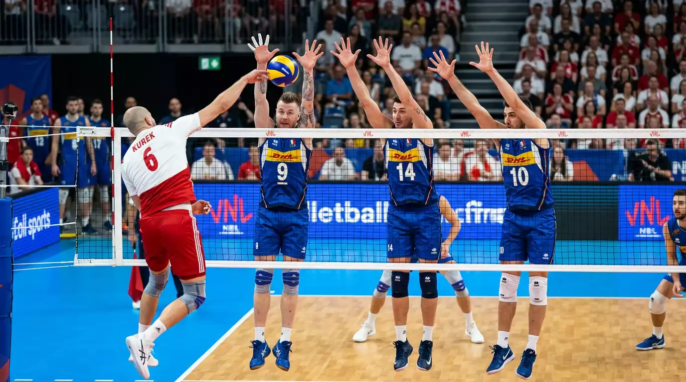Muro difensivo durante una partita di playoff nella SuperLega di pallavolo