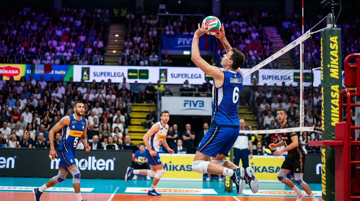 Palleggiatore in azione di alzata durante una partita di pallavolo maschile di alto livello