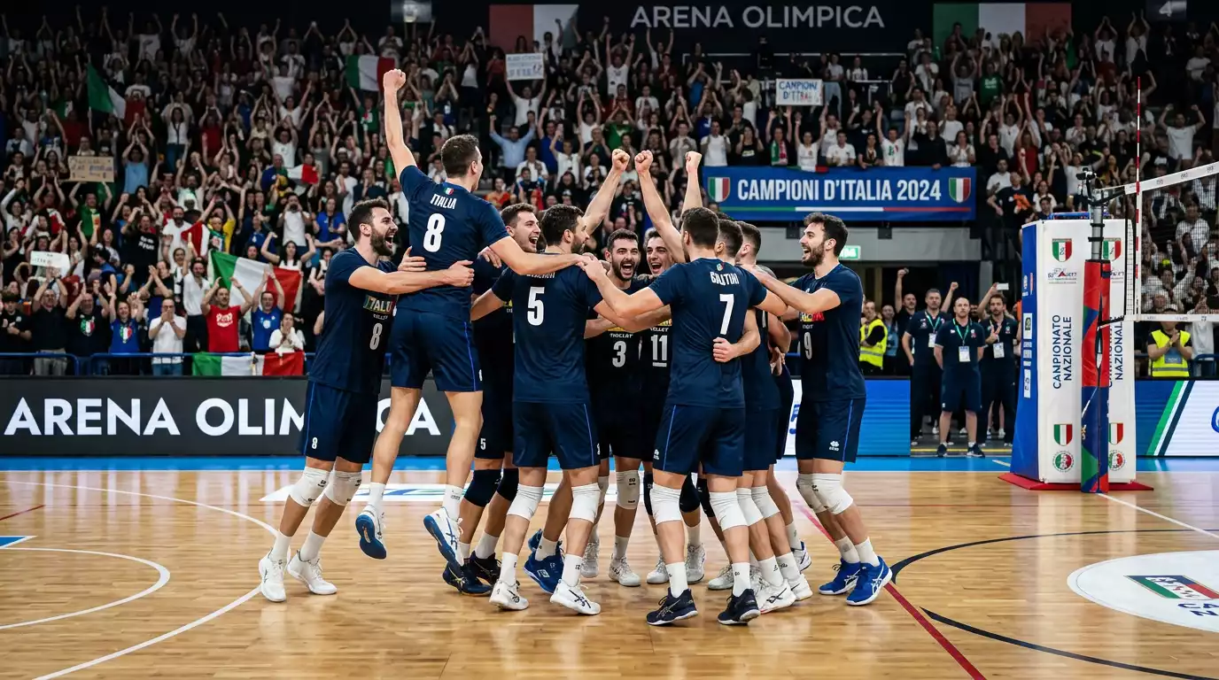 Esultanza dei giocatori di Perugia dopo la vittoria imbattuta nei playoff maschili