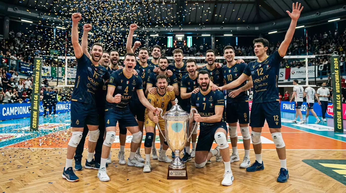 Celebrazione della tripla corona nella pallavolo maschile con il trofeo scudetto
