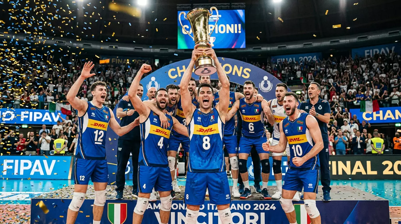 Giocatori di pallavolo maschile sollevano il trofeo dello scudetto durante la premiazione