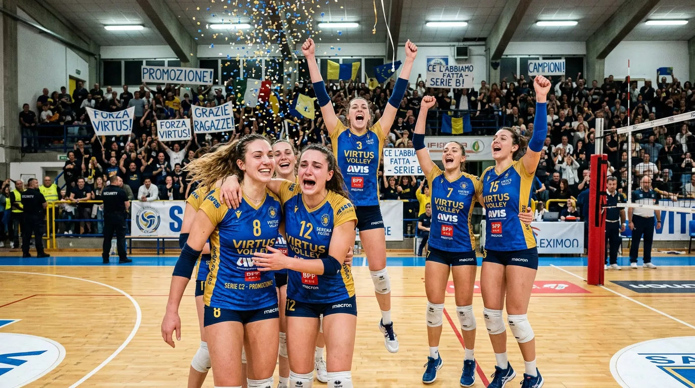 Squadra di pallavolo in festa dopo la promozione dalla Serie A2 alla massima serie