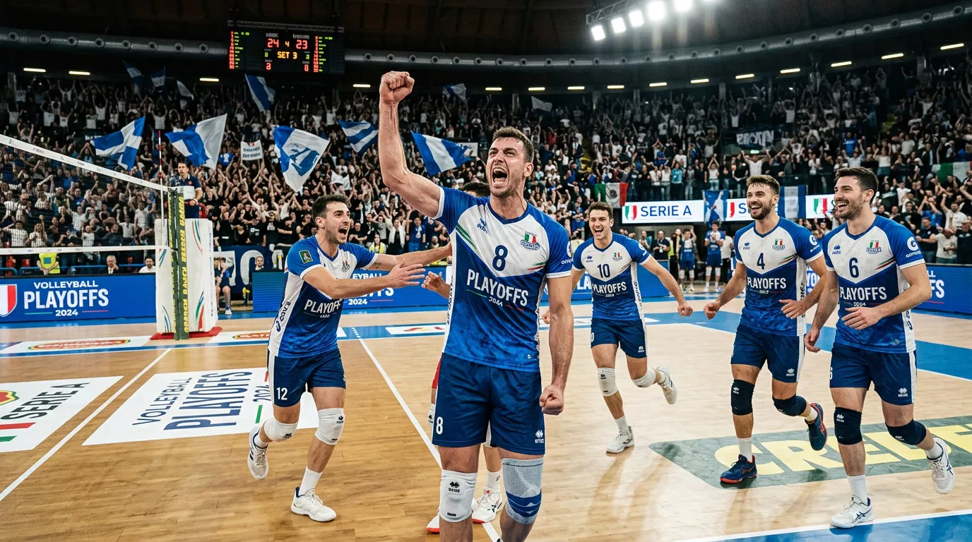 Giocatori della SuperLega esultano dopo una vittoria nei playoff di pallavolo maschile