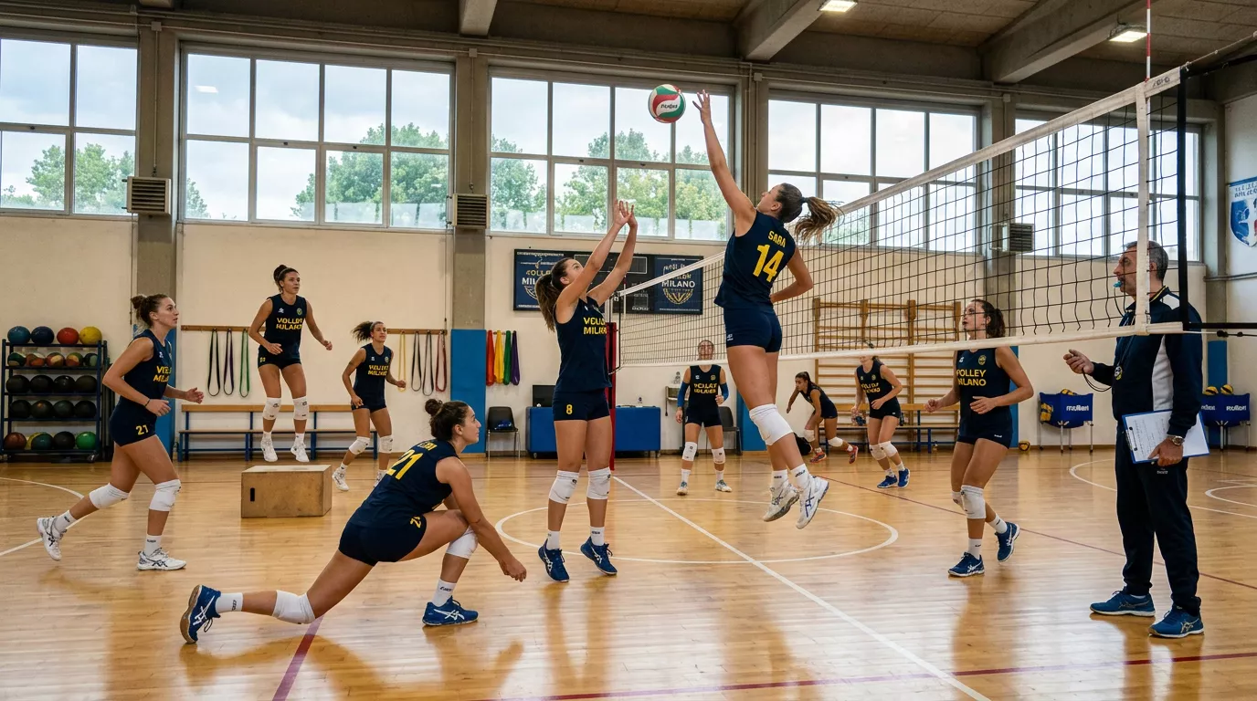 Squadra di pallavolo in fase di preparazione atletica durante il precampionato