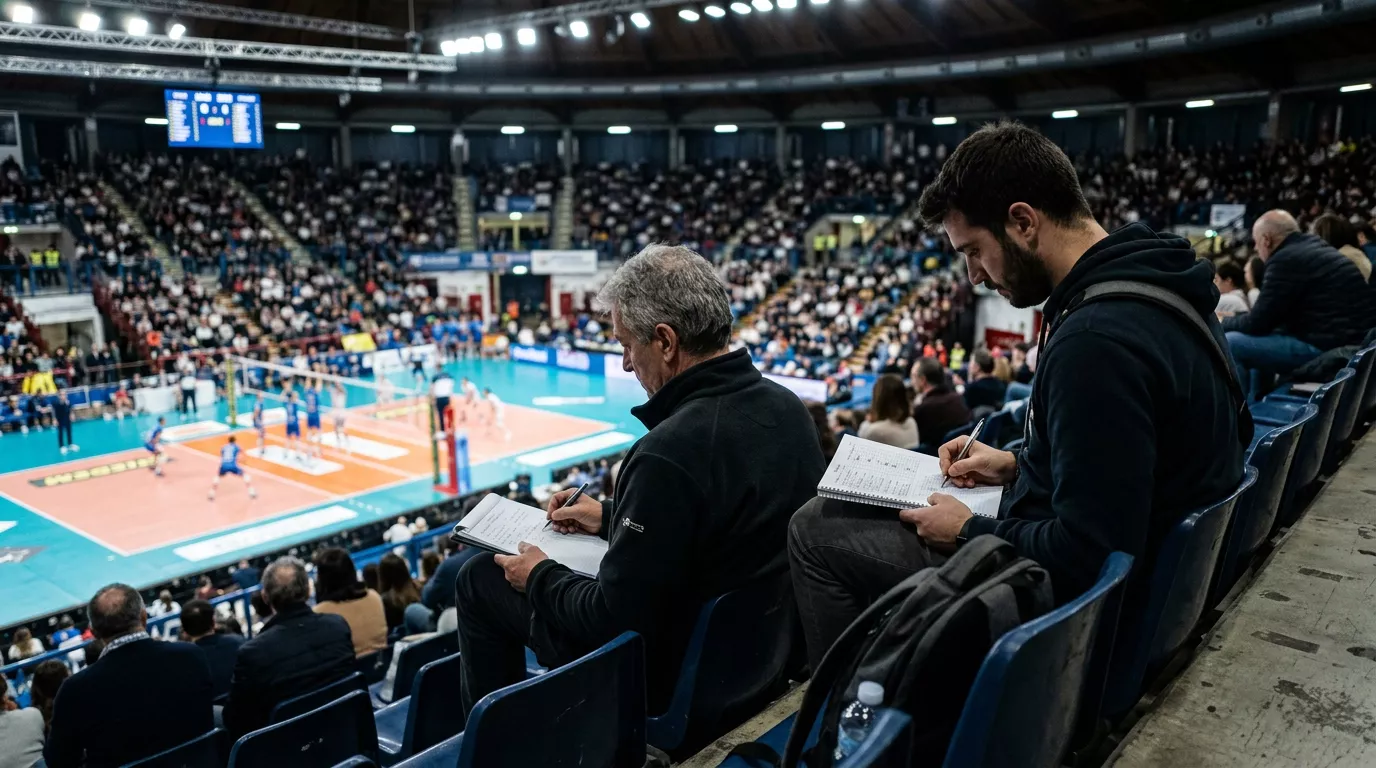 Analisti che osservano una partita di pallavolo Serie A prendendo appunti sulle prestazioni