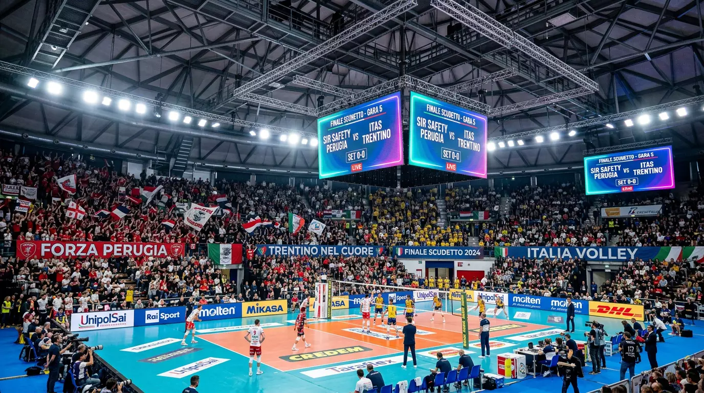 Atmosfera elettrica durante la finale scudetto di pallavolo con pubblico e luci nel palazzetto