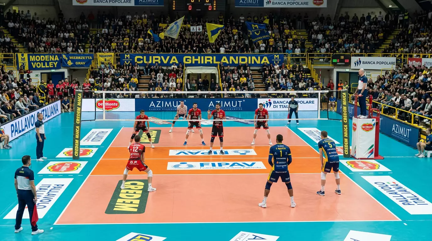 Partita di pallavolo Serie A in corso su un campo regolamentare con arbitro e giocatori schierati