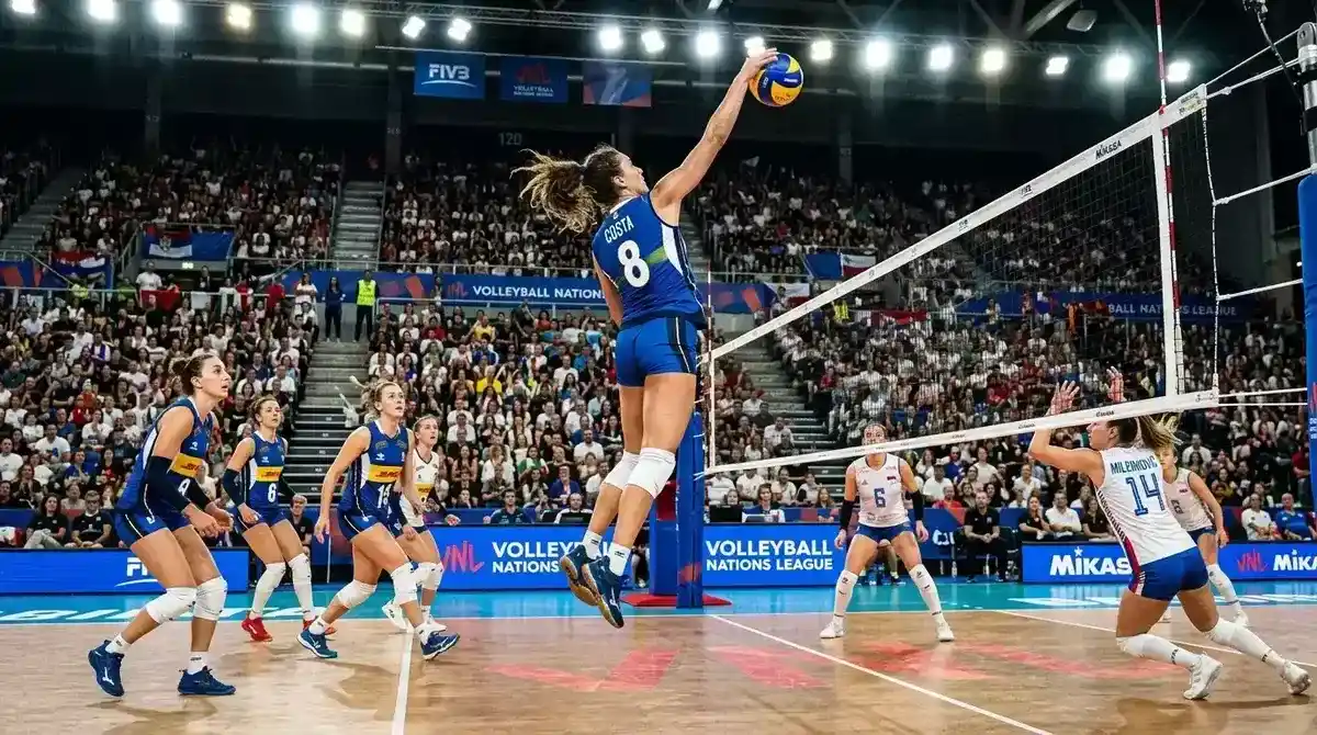 Giocatrici di Serie A1 pallavolo femminile in azione durante una partita del campionato italiano