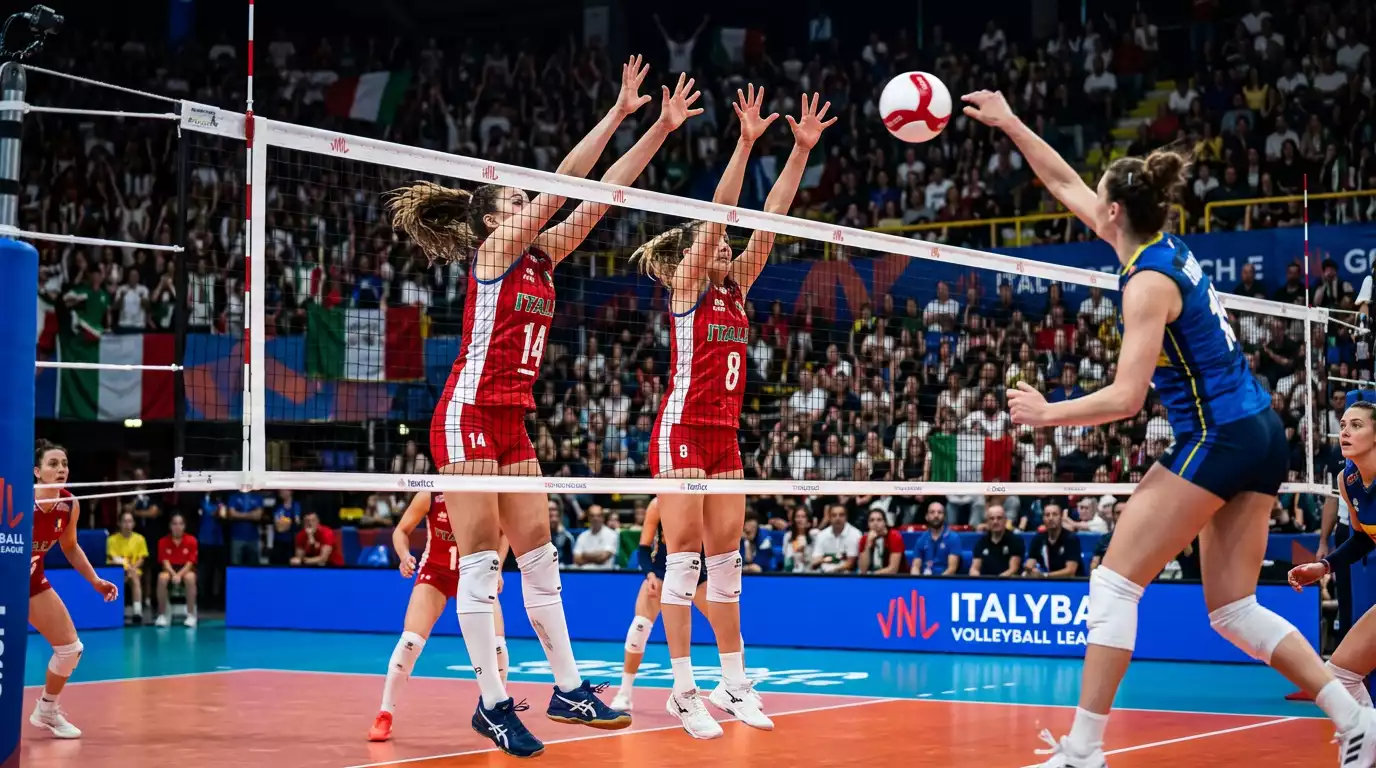 Azione di gioco durante una partita di Serie A1 femminile di pallavolo