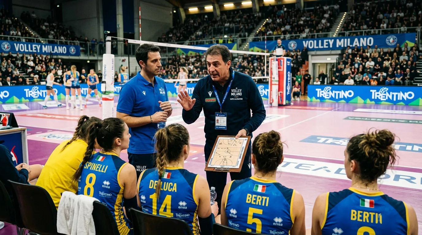 Staff tecnico di una squadra di pallavolo femminile durante una sessione di allenamento tattico