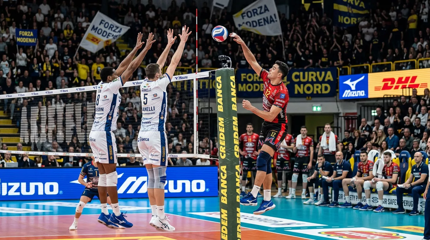 Pallavolisti della SuperLega maschile impegnati in uno scambio a rete durante il campionato