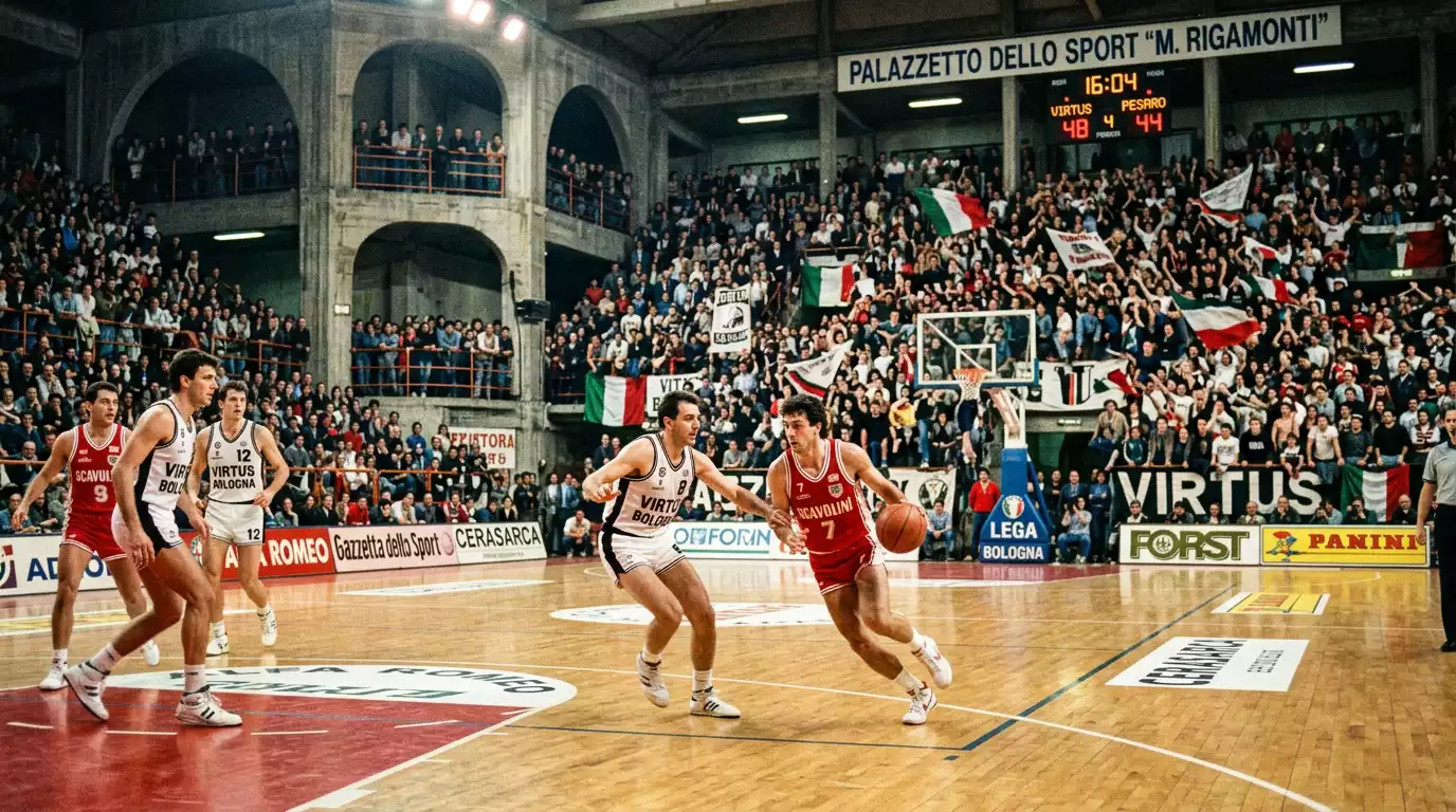Arena moderna di pallavolo durante una partita di SuperLega con branding visibile